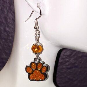 Orange Sparkle Paw Print Earrings (Smooth Facet)